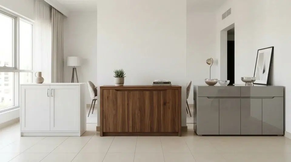 Small sideboard UAE apartment — 100cm slim white buffet in studio, International City Dubai, Karnak Home