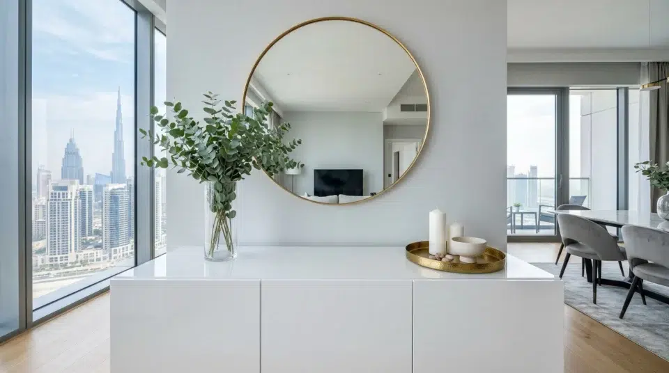 Buffet styling ideas UAE — rule of thirds white sideboard styling in Business Bay apartment, Karnak Home Dubai
