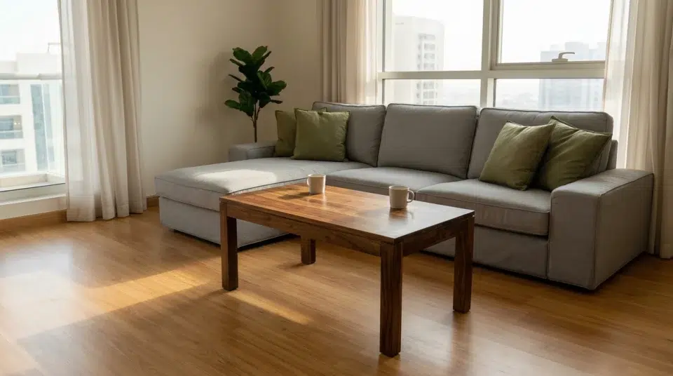 Wooden center table Dubai acacia walnut finish in JVC apartment living room, Karnak Home UAE