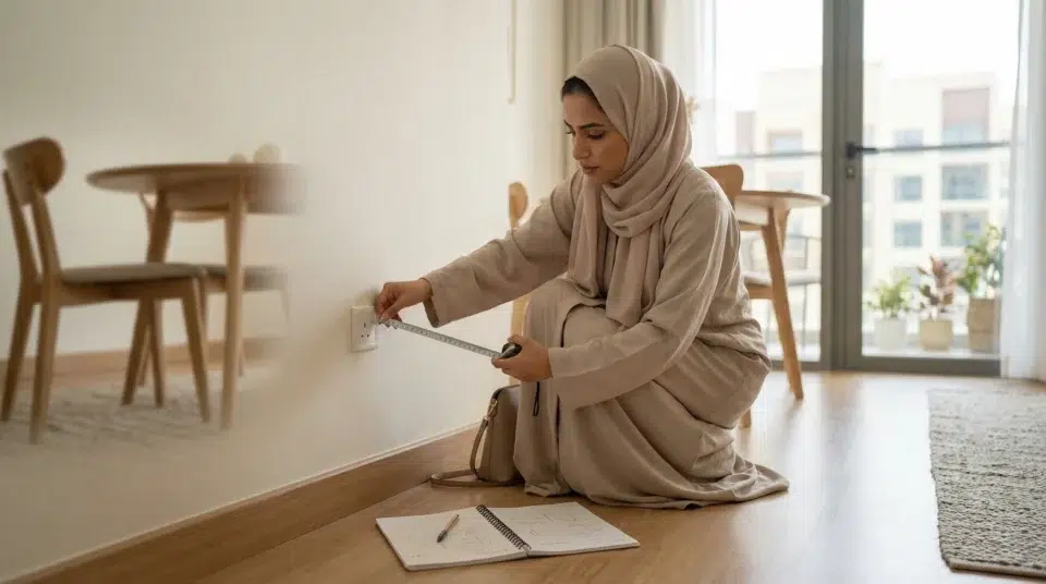 Buffet buying mistakes UAE fix — homeowner measuring dining room wall in JVC Dubai apartment, Karnak Home guide