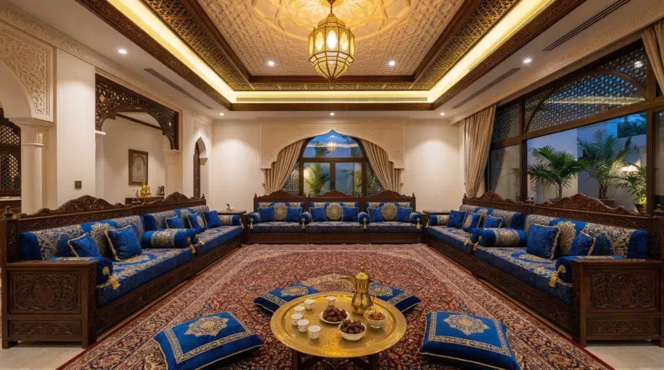Traditional majlis furniture Abu Dhabi villa UAE — ornate Arabic sofa set Karnak Home