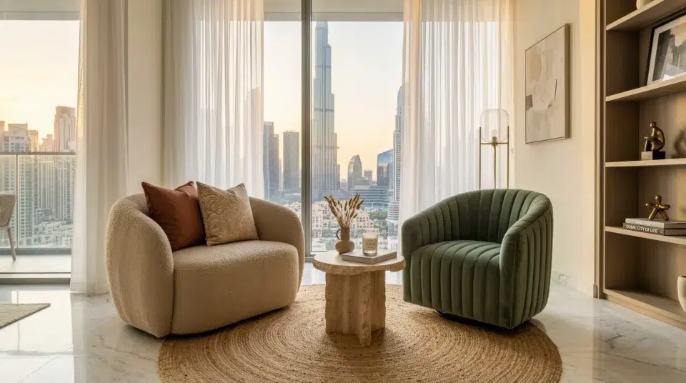 Bouclé curved accent chair trends Downtown Dubai 2026 Karnak Home UAE