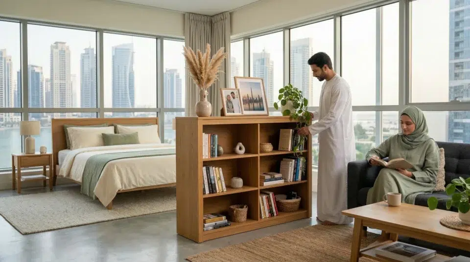 Low bookcase, UAE apartment room divider, Jumeirah Lake Towers, honey oak studio layout, Karnak Home