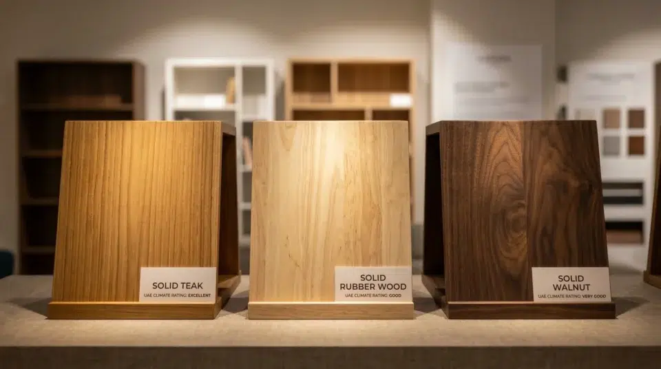 Wooden bookshelf UAE climate solid wood comparison teak rubber wood and walnut grain samples in Karnak Home showroom