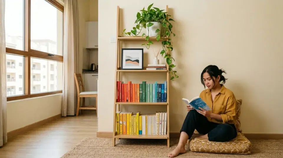Affordable bookcase Dubai International City studio apartment ladder bookshelf styled with books and plants, Karnak Home UAE