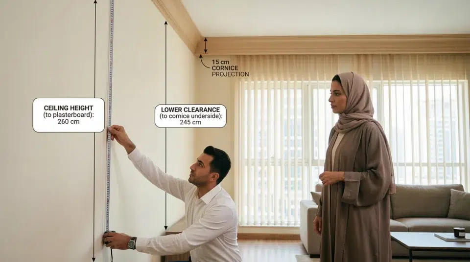 Bookcase problems Dubai cornice height measurement mistake Al Barsha apartment Karnak Home consultant showing correct method