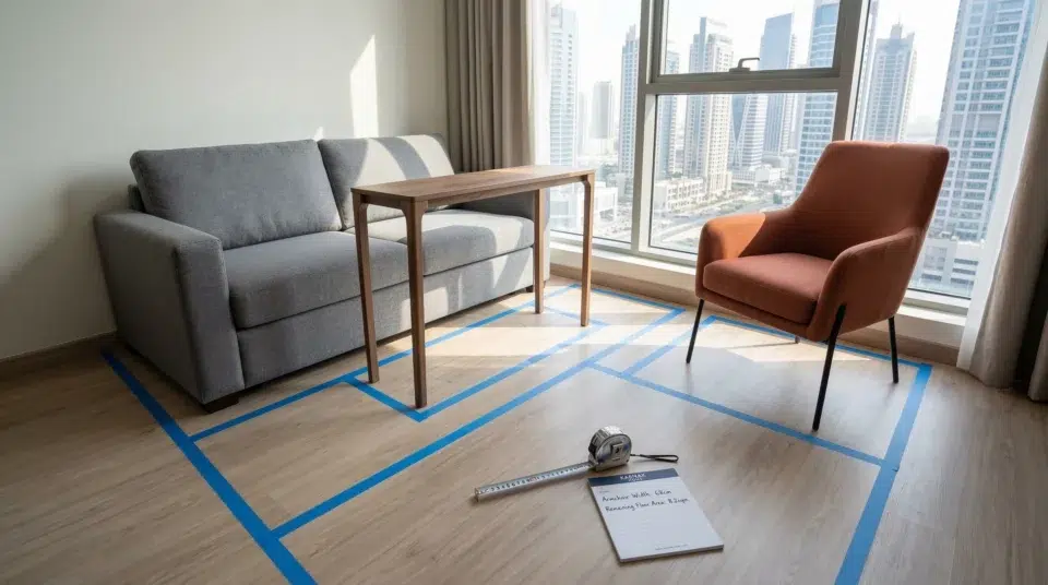 Compact accent chair dimension guide Business Bay UAE studio apartment floor plan measurement, Karnak Home