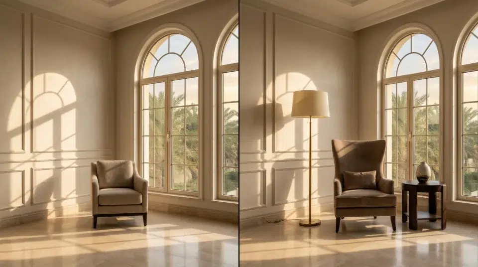 Wrong size accent chair, UAE villa scale mistake, Jumeirah large room before and after, Karnak Home