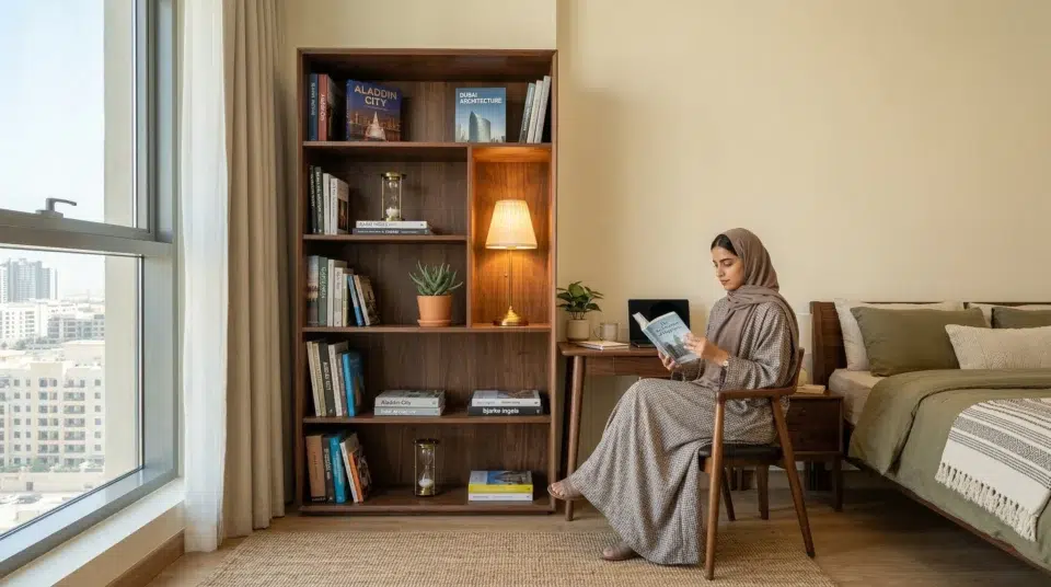 Tall walnut bookcase UAE apartment study in Al Barsha with books and brass lamp, Karnak Home