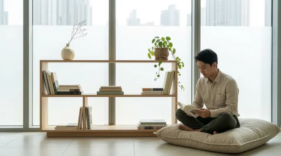 Japandi bookcase Dubai Downtown apartment in ash wood with minimalist shelf styling, Karnak Home UAE