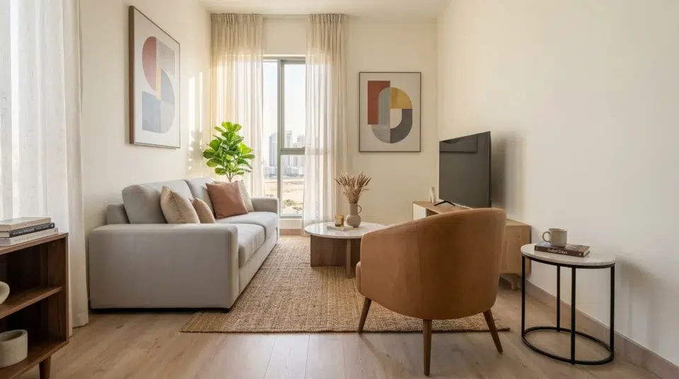 Barrel accent chair in UAE apartment living room JVC, styled with side table, Karnak Home