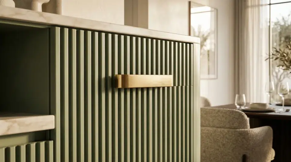 Fluted sideboard Dubai detail — sage green lacquer with brass handle, 2026 trend, Karnak Home UAE