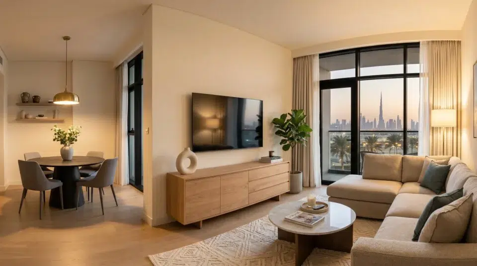 Sideboard TV unit combo Dubai Hills — low buffet under wall-mounted TV in UAE apartment, Karnak Home