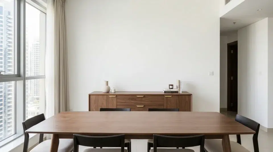 High gloss sideboard Dubai — pristine vs humidity-damaged surface comparison in UAE apartment, Karnak Home