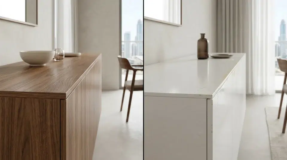 Value sideboard UAE — walnut veneer buffet drawer detail with brass handle, affordable quality, Karnak Home Dubai