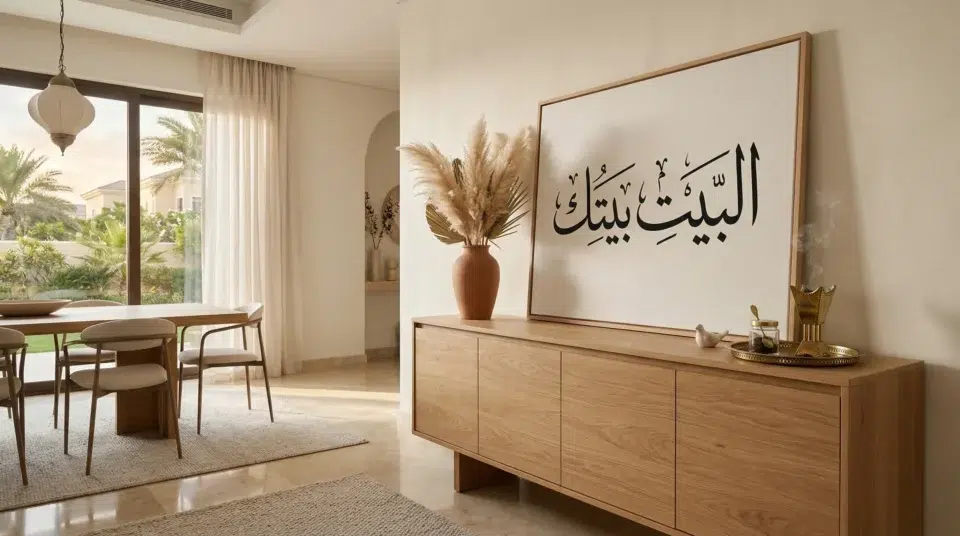 Arabic decor sideboard UAE, calligraphy canvas above oak buffet in Mirdif villa dining room, Karnak Home
