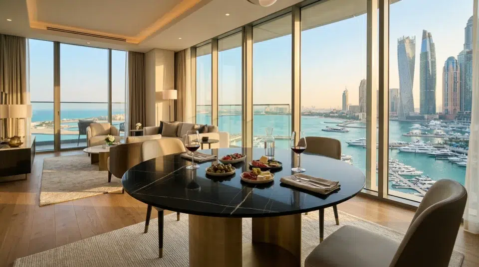 intered stone center table Dubai Marina apartment 2026 Karnak Home UAE