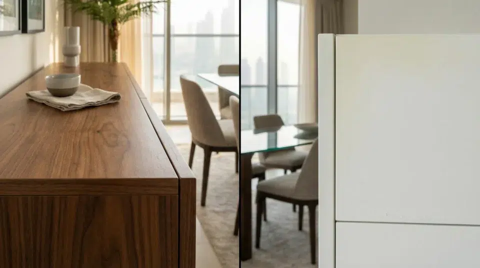 Buffet buying mistakes, UAE finish, walnut veneer vs damaged gloss surface comparison for UAE climate, Karnak Home