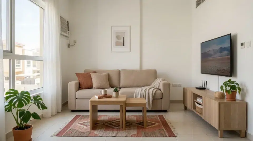 Budget living room under AED 3000 UAE apartment — Karnak Home affordable furniture 2026