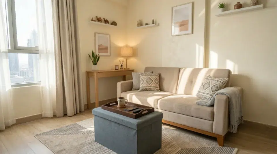 Multifunctional furniture UAE studio apartment — sofa bed storage ottoman console Karnak Home 2026