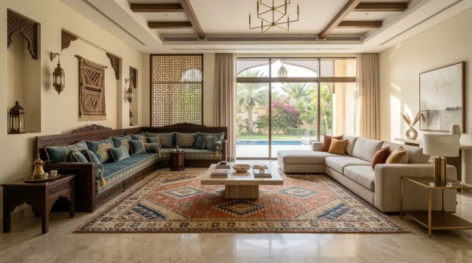 Open-plan majlis and modern living room UAE villa blend — Arabic corner sofa contemporary sectional Karnak Home