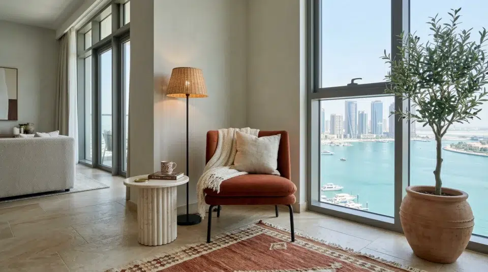 Earthy tone accent chair trends Abu Dhabi 2026 terracotta velvet Karnak Home UAE