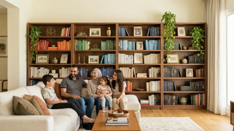 Wide bookshelf Dubai villa Arabian Ranches multi-unit wall spanning 360 cm honey walnut family library, Karnak Home UAE