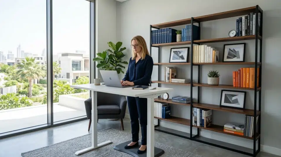Metal bookshelf Dubai Hills Estate home office powder-coated black steel frame with solid walnut shelves, Karnak Home UAE