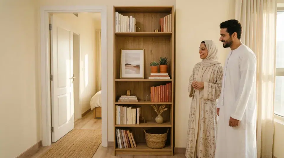 Budget bookcase Dubai 2026 narrow tall unit styled in Al Furjan apartment honey oak with terracotta accents, Karnak Home UAE