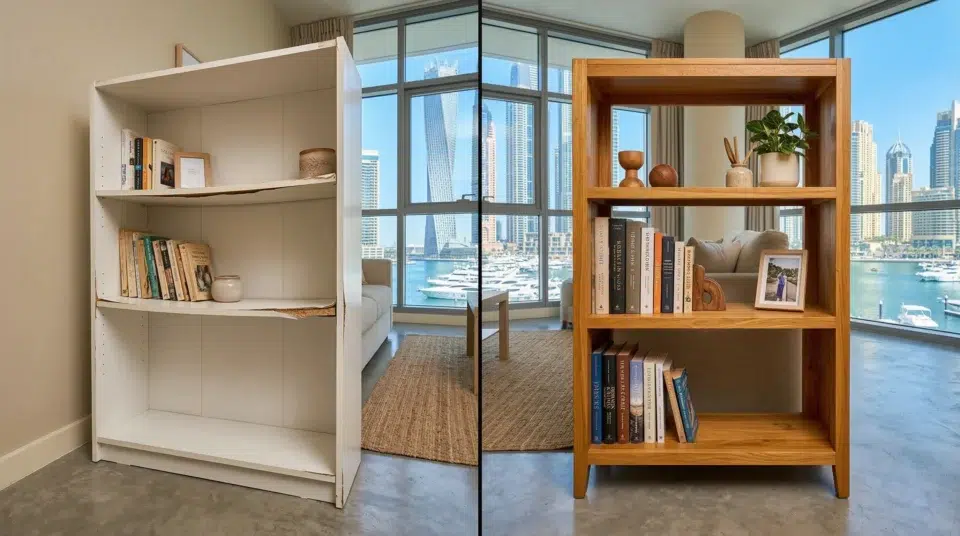 Wrong bookshelf UAE particle board humidity damage versus solid rubber wood intact in Dubai Marina apartment, Karnak Home