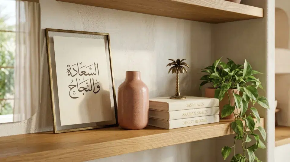 Bookshelf décor ideas Dubai shelf vignette with Arabic calligraphy brass frame and ceramic in Jumeirah villa, Karnak Home UAE