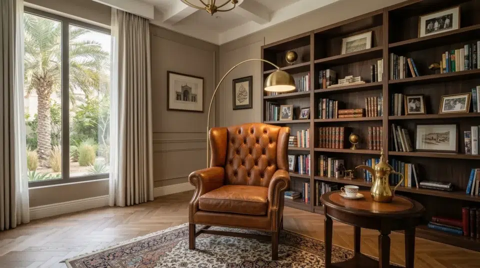 Wingback accent chair Emirates Hills villa study leather cognac formal room, Karnak Home UAE