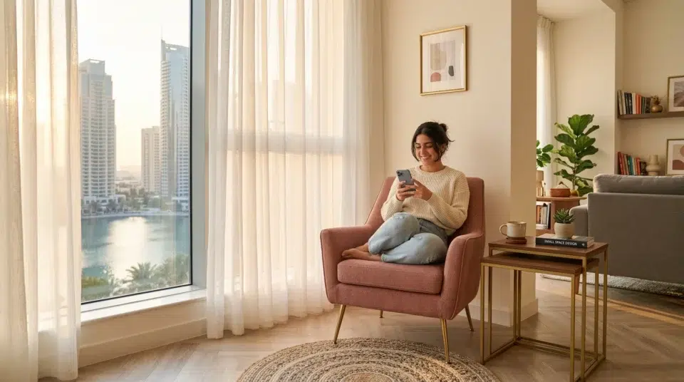 Open leg slim accent chair JLT Dubai apartment 2026 small space style, Karnak Home UAE