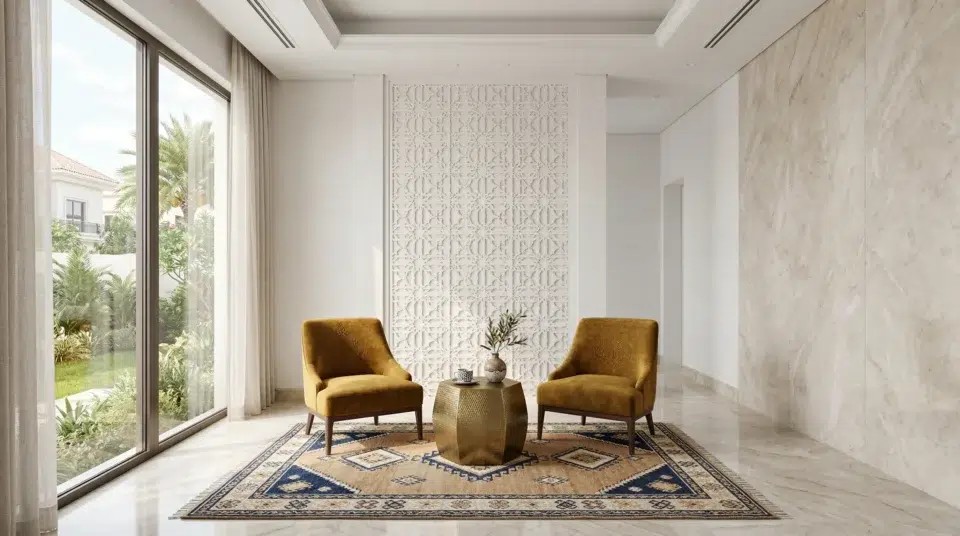 Arabic modern accent chair Dubai Jumeirah villa 2026 crossover design gold geometric majlis, Karnak Home