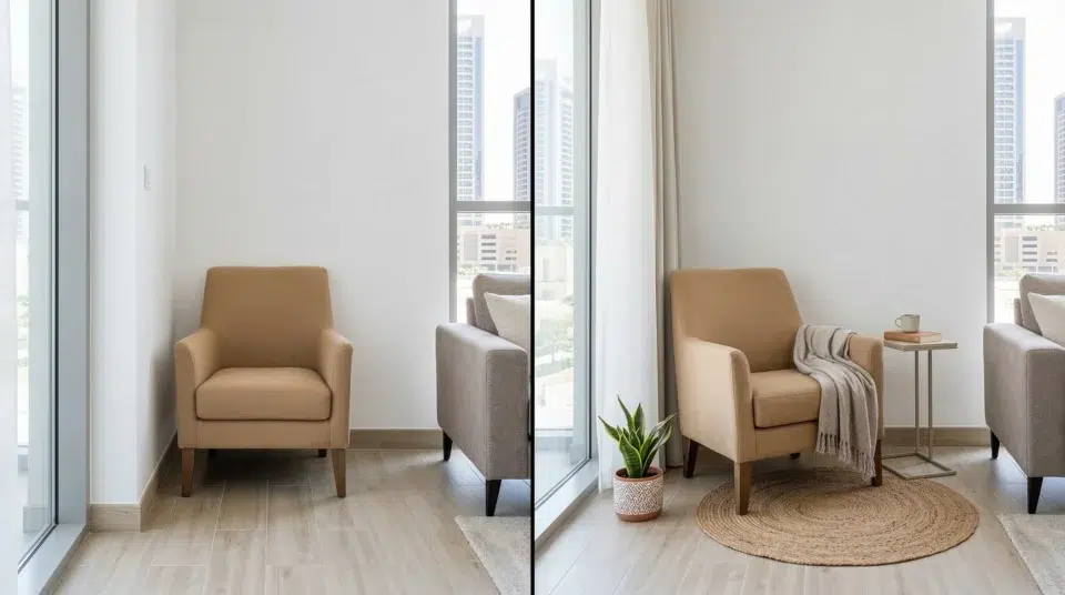 Accent chair placement mistake, flat against the wall, fix JVC Dubai apartment UAE, Karnak Home