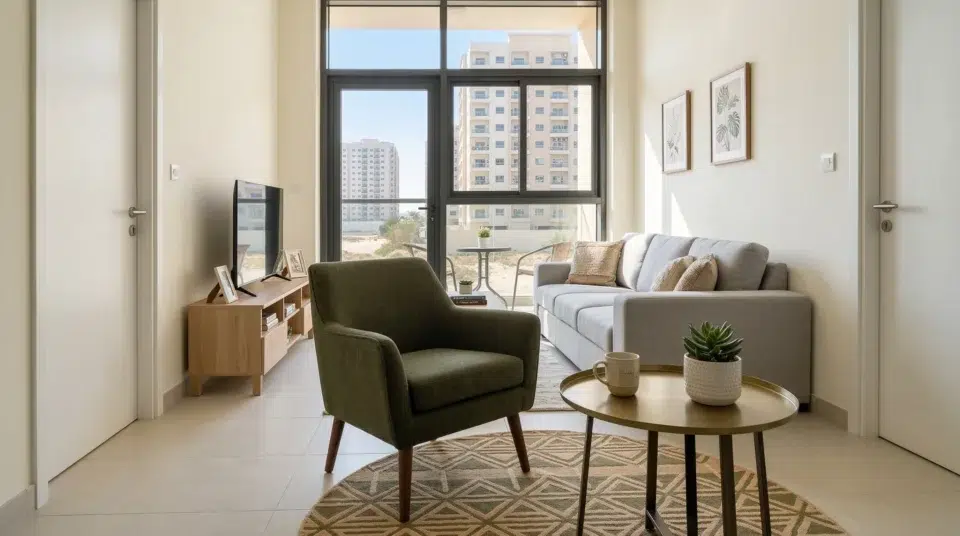 Affordable accent chair AED 800 to 1500 Al Nahda Dubai UAE olive performance fabric styled, Karnak Home