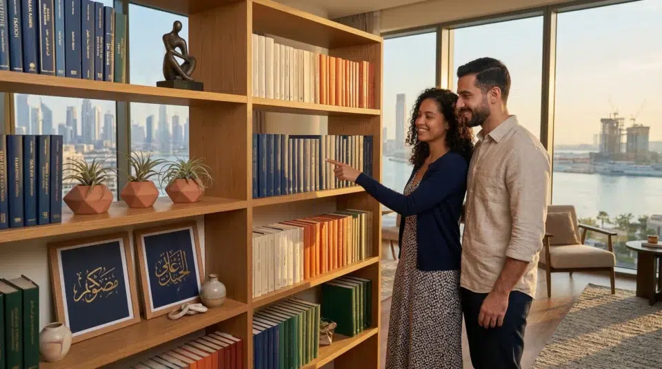 Curated display shelves, UAE, Dubai Creek Harbour apartment with books and art, Karnak Home
