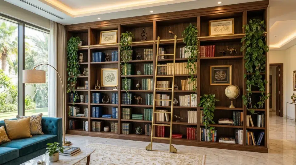 Floor-to-ceiling statement bookcase UAE Jumeirah villa dark walnut with library ladder, Karnak Home