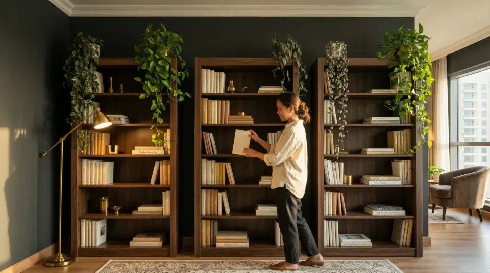 Built-in bookcase, UAE apartment Jumeirah Village Triangle dark walnut wall-matched freestanding units, Karnak Home