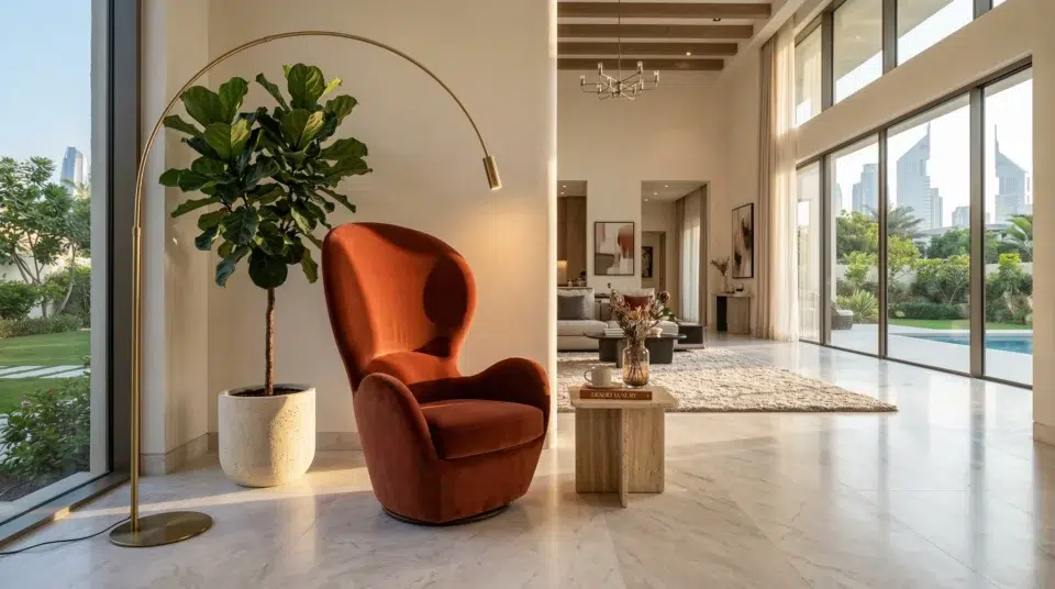 Sculptural terracotta accent chair UAE villa living room 2026 trend, Karnak Home