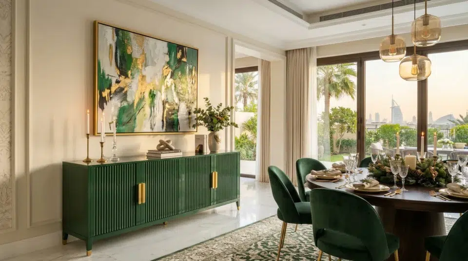 Statement green buffet Dubai villa — forest green lacquered sideboard for Eid 2026, Karnak Home UAE