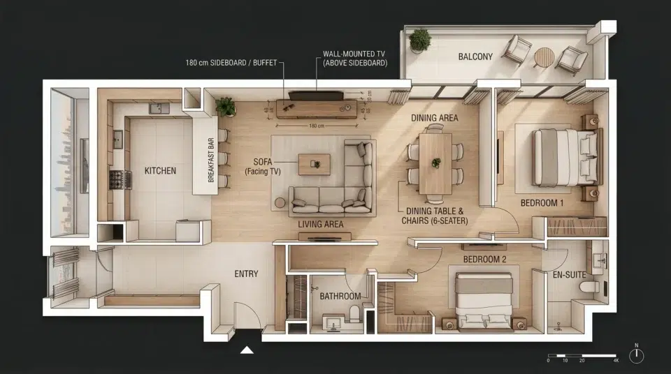 Open plan UAE apartment layout — buffet and TV unit placement guide for Dubai apartment, Karnak Home