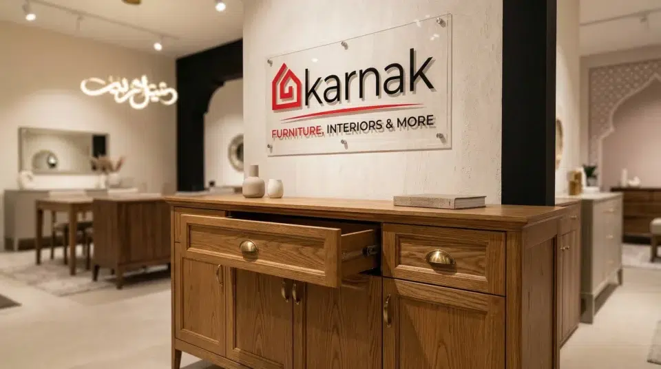 Buffet dimensions UAE small spaces — overhead layout diagram showing 90cm clearance in Dubai apartment, Karnak Home