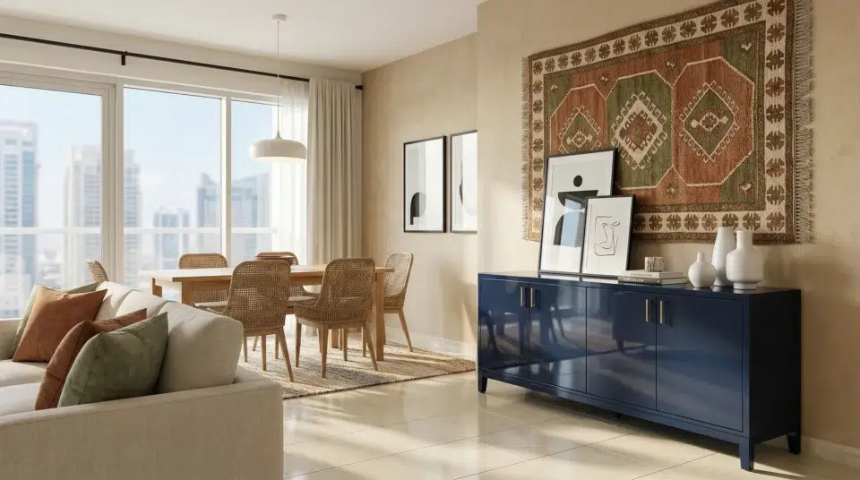 Affordable sideboard Dubai quality check — buyer testing soft-close drawer in Karnak Home showroom UAE