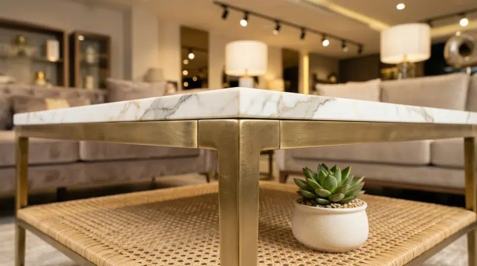 Sintered stone and rattan center table detail Karnak Home Sharjah showroom UAE 2026