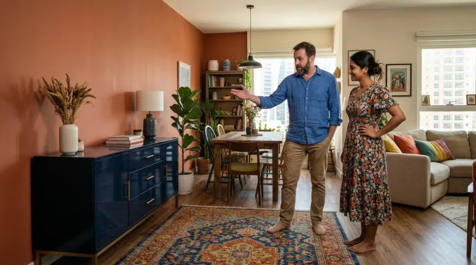 Buffet buying mistakes, UAE style dark navy sideboard clashing with warm Dubai apartment interior, Karnak Home