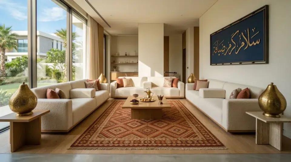 Modern majlis furniture Dubai Hills villa UAE 2026 — contemporary Arabic living room Karnak Home