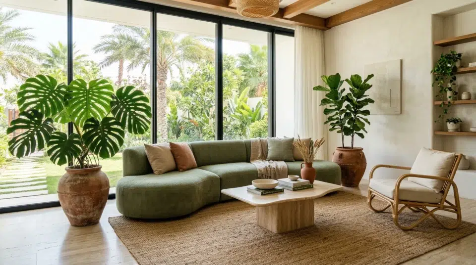 Biophilic living room design UAE 2026 — curved sofa plants Abu Dhabi villa Karnak Home