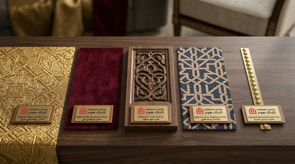 Arabic accent chair materials, UAE showroom, brocade velvet, carved walnut geometric fabric, Karnak Home