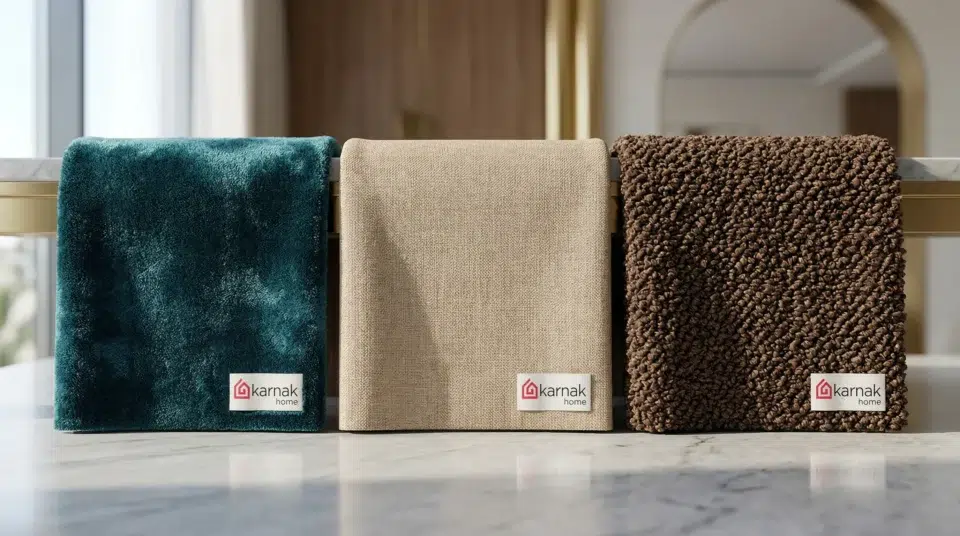 Accent chair fabric options UAE velvet bouclé performance fabric swatches, Karnak Home